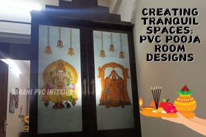 Tranquil and spiritually inviting PVC pooja room designed by Janani PVC Interior in Bengaluru, featuring beautifully illuminated panels with Hindu deities Ganesha and Lakshmi, set within a dark wood frame, perfect for enhancing the serenity of home prayer spaces