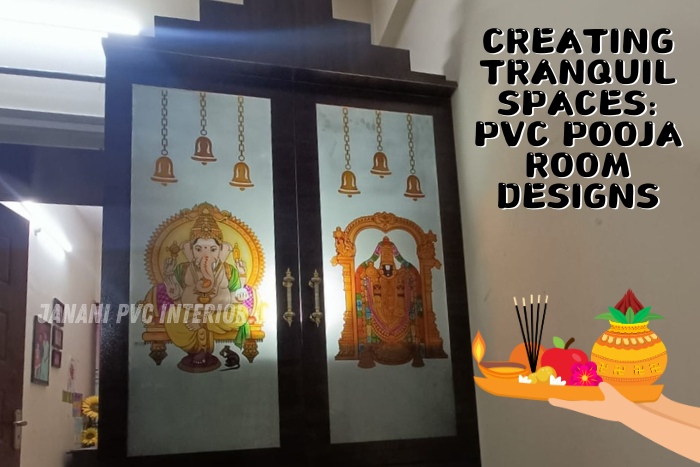 Tranquil and spiritually inviting PVC pooja room designed by Janani PVC Interior in Bengaluru, featuring beautifully illuminated panels with Hindu deities Ganesha and Lakshmi, set within a dark wood frame, perfect for enhancing the serenity of home prayer spaces