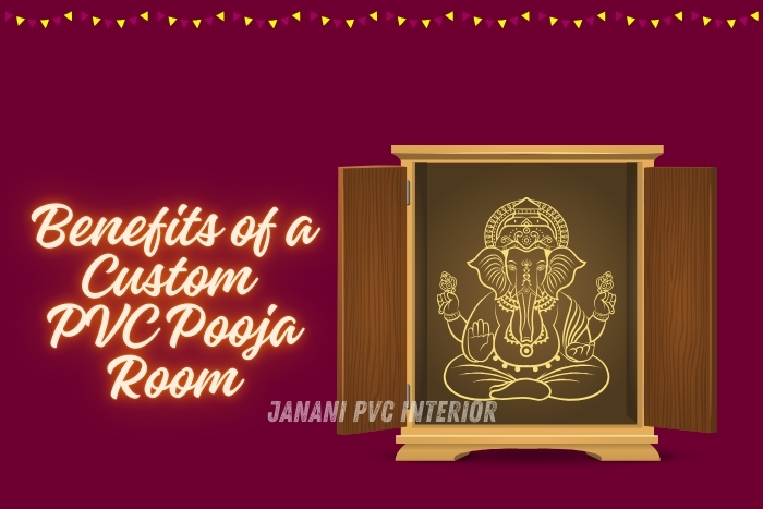 Benefits of a Custom PVC Pooja Room by Janani PVC Interior, Bengaluru.
Features an elegant PVC pooja cabinet with a beautifully detailed Ganesh etching, symbolizing spirituality and craftsmanship.
Ideal for enhancing home sanctity with customized, durable, and aesthetically pleasing PVC interiors