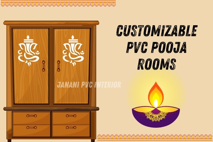 Customizable PVC pooja room cabinet designed by Janani PVC Interior in Bengaluru, featuring traditional wooden texture and auspicious Ganesh motifs on the doors. Perfectly combines functionality and spirituality in home decor, enhancing any corner with its elegant design