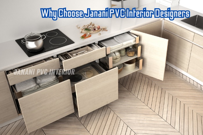 Modern PVC modular kitchen with sleek pull-out storage drawers designed by Janani PVC Interior, Bengaluru.
Maximize your kitchen's space with customized, high-quality PVC cabinets.
Janani PVC Interior offers smart storage solutions for elegant and organized kitchens